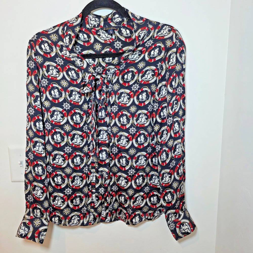 Brooks Brothers Silk Button Up Blouse Sz 2 XS Navy Nautical Print Old Money - Picture 2 of 10